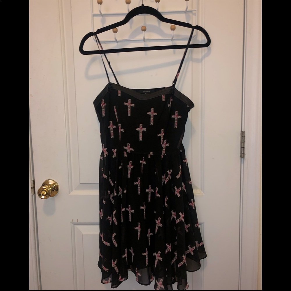 Floral cross chiffon leather trim mini dress
